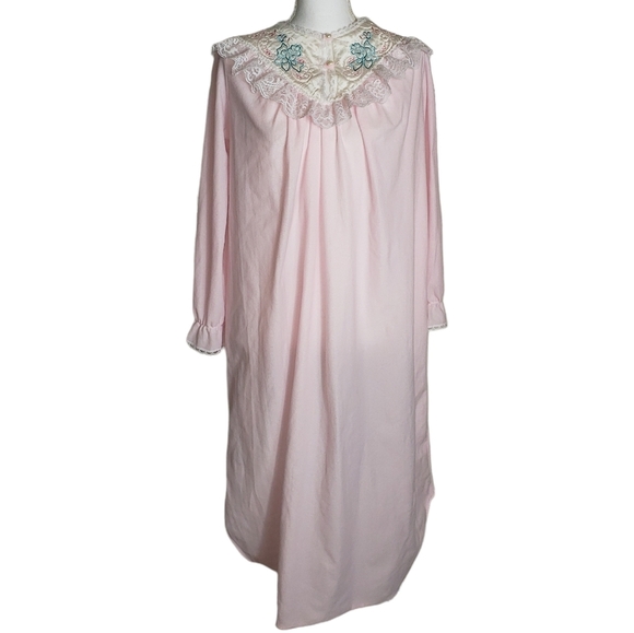 Vtg Pink Maxi Nightgown Size Small Puff Sleeve Lace Quilted Pearl Button Modest - Picture 1 of 13